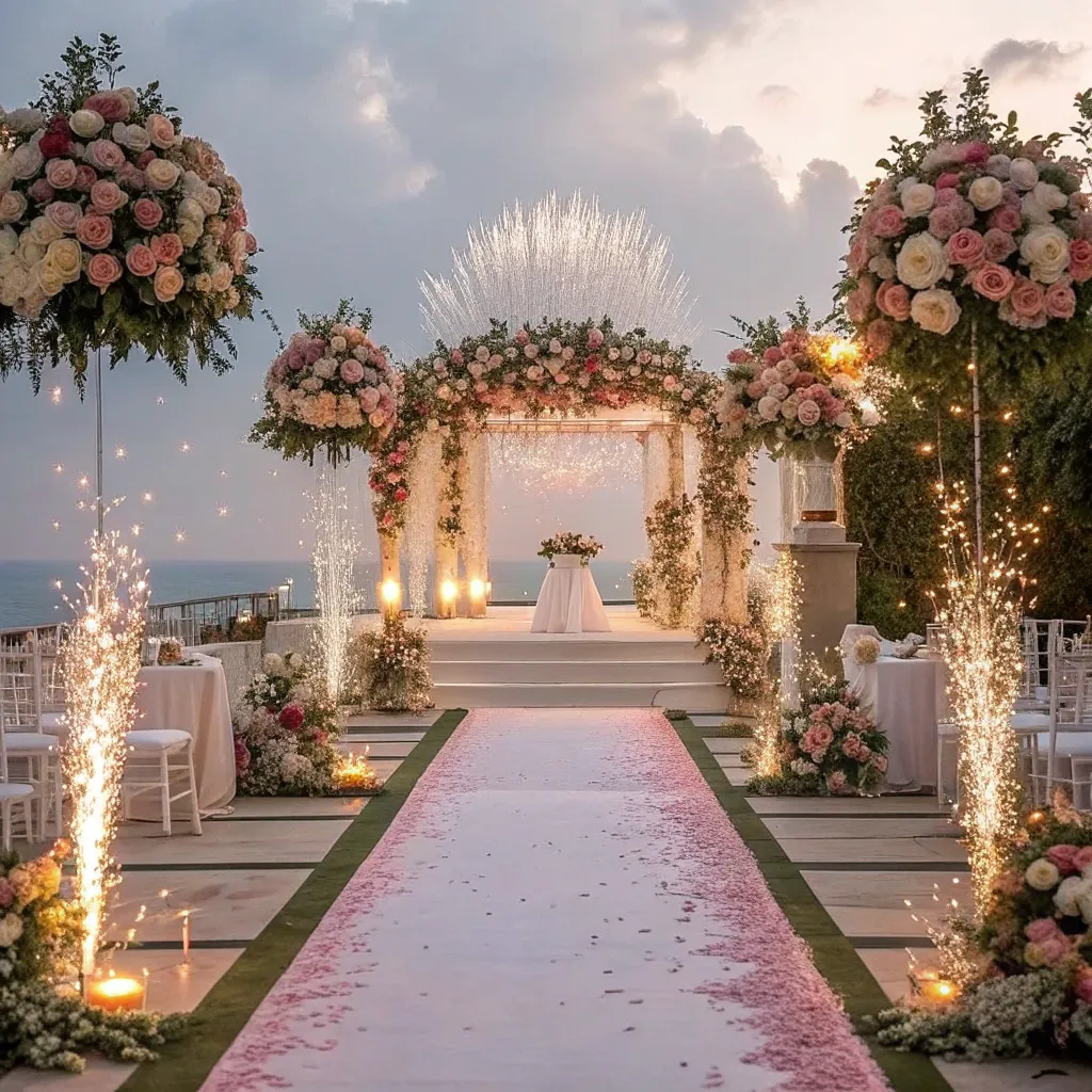 Elegant wedding setup with floral arrangements and a beautifully decorated aisle